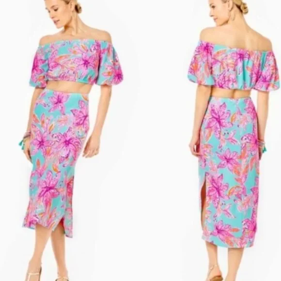 LILLY PULITZER Esmeray Set Surf Blue Bonita Blooms Skirt Puff Crop Top⌚🏃⚡💨🚚 - Picture 8 of 13